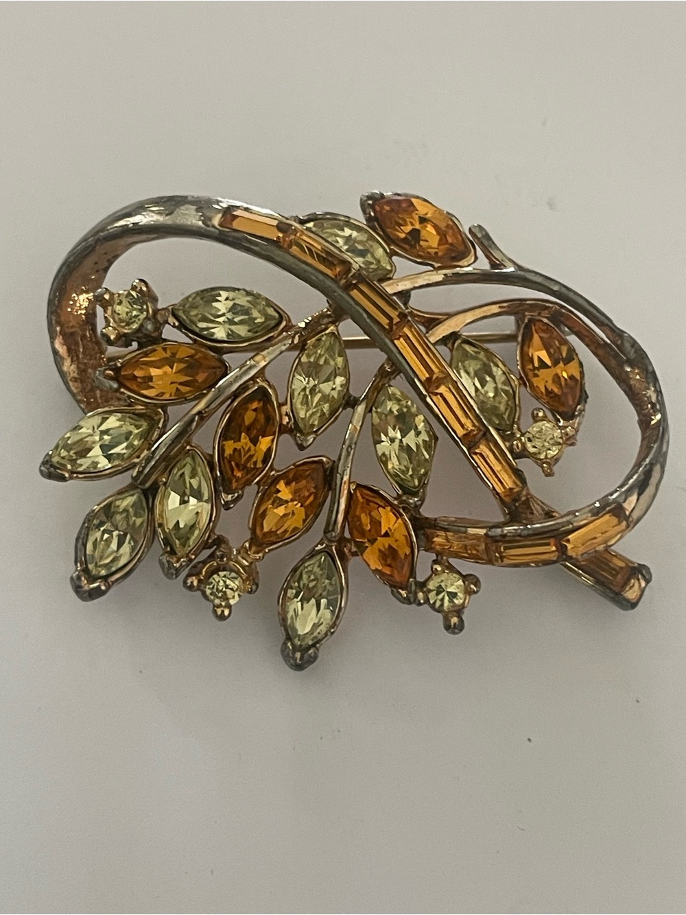 Vintage CORO Gold Leaf Brooch with Amber and Pale Green Stones